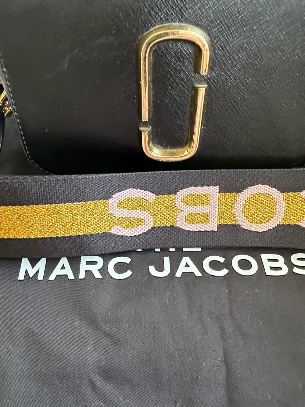 Marc Jacobs Black Leather Crossbody with Pink and Gold Logo Strap
